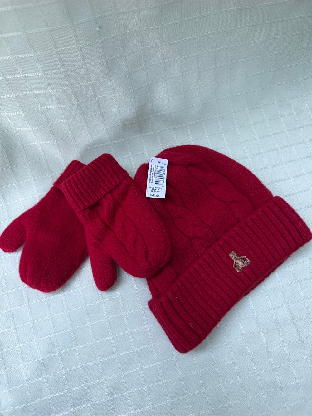 New baby GAP Kids Dark Red Cable Knit Beanie and Mittens Set Cotton Blend